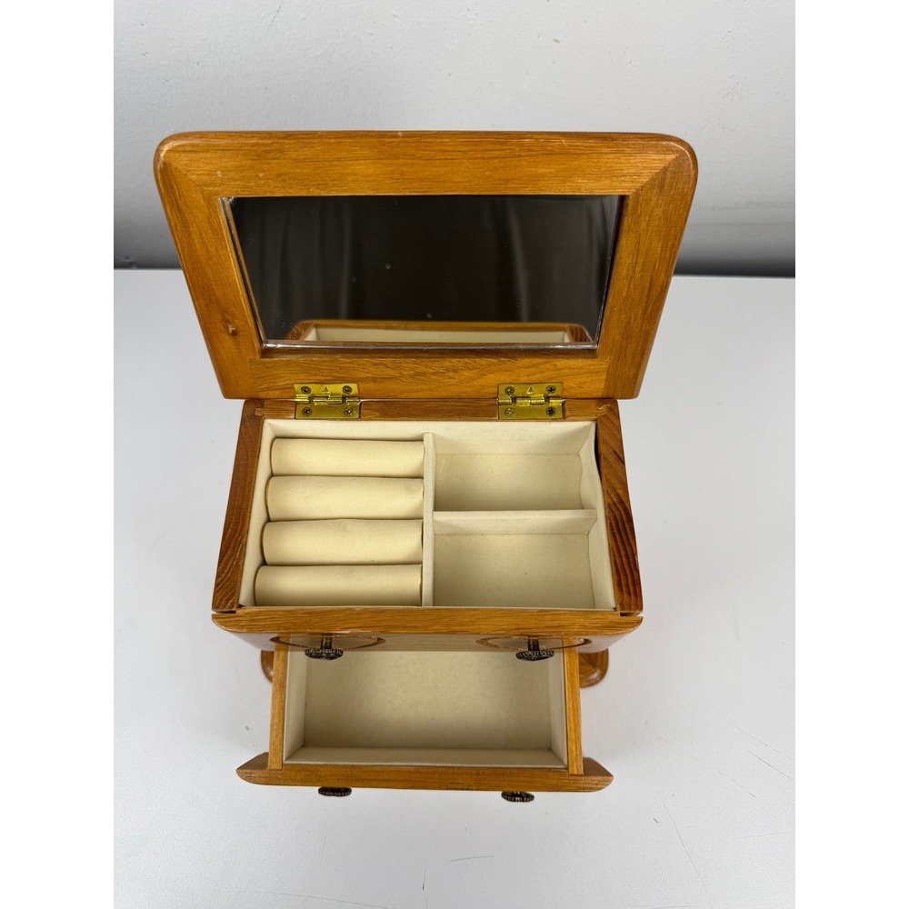 Vtg Wooden Jewelry Boxโ Heart Carved Oak Finish Mirror Ring Storage Organizer